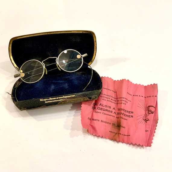 Vintage Art Deco Round Eyeglasses with Case and Ad