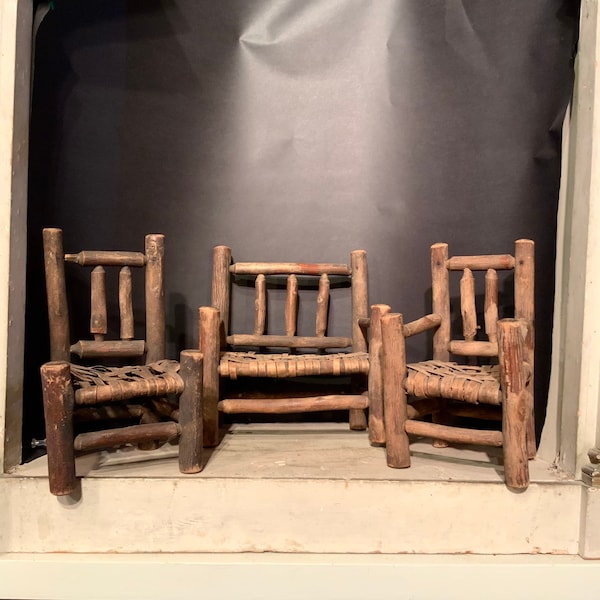 Miniature Adirondack Bench and Two Chairs, Old Hickory Style Children’s Doll Furniture, Ca: 1930s.