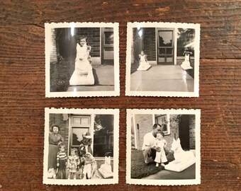 Vintage Dog Vernacular Photographs of Two Children on Concrete Dogs, Ca: 1930s.