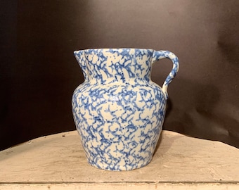 Spongeware Pitcher, Blue and White Stoneware, Ca: 1910.