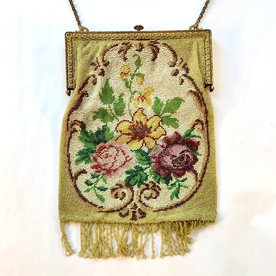 French Floral Beaded Bag, Antique Beaded Glass Pu… - image 3