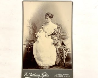 Dog Cabinet Card, Young Woman holding a Baby and Her Dog, Stratford on Avon, Ca: 1890s.