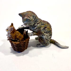 Austrian Bronze Cat with Kitten in Basket Cold Painted Bronze, Fritz Bergman.