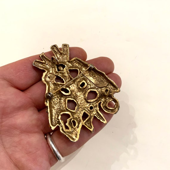 Broche Brutaliste Années 70 - Bijou D'Artiste En Bronze/Laiton Doré - Personnages - Occasion Excellent état