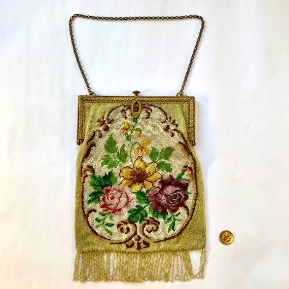 French Floral Beaded Bag, Antique Beaded Glass Pu… - image 2