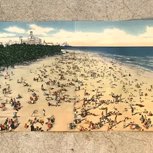 May include: Vintage postcard depicting a beach scene in Palm Beach, Florida. The postcard shows a wide, sandy beach with people sunbathing and swimming in the ocean. There are palm trees and buildings in the background.