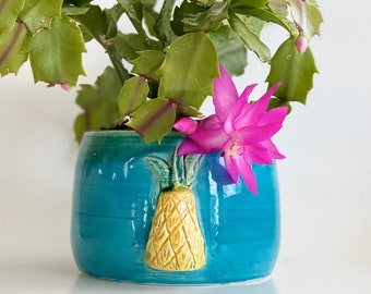 Small Aqua Planter, Handmade Ceramic Planter, Turquoise Planter for Indoor Garden