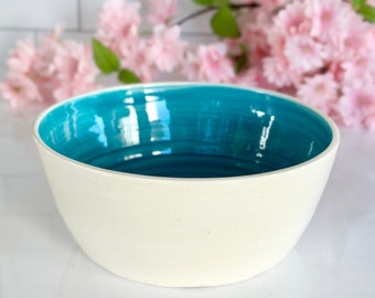 Handmade Ceramic Blue Serving Bowl White Pottery Vegetable Bowl Fruit Housewarming Foodie Gift Chef Salad Bowl Kitchen Decor Wheel Thrown