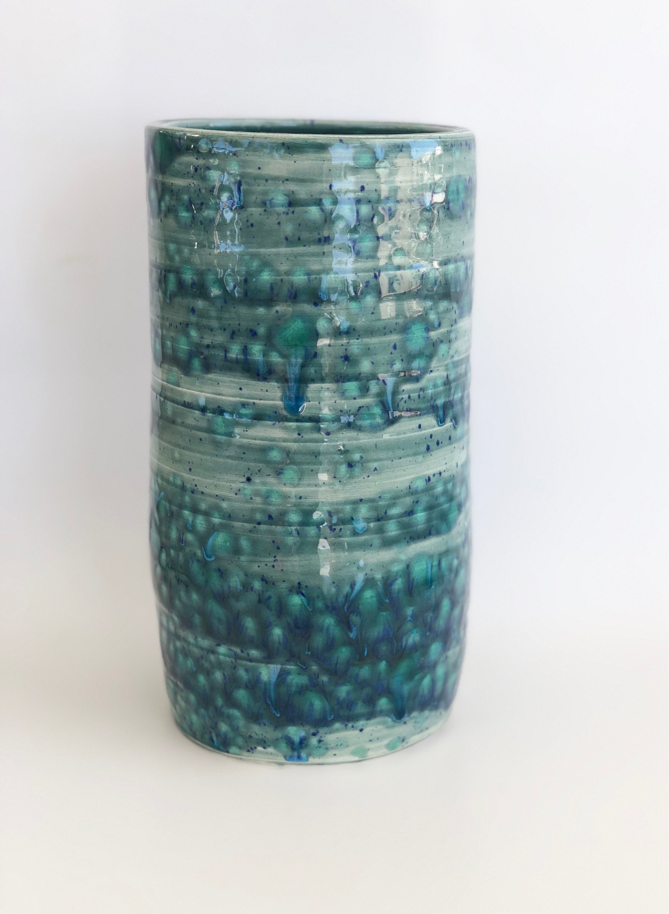 Handmade Flower Vase, Blue Vase, Cylinder Vase, Tall Blue Vase, Blue