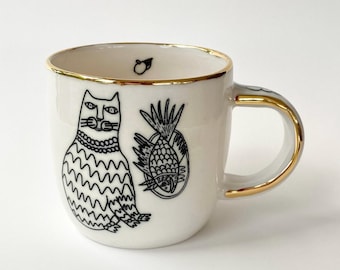 Wheel Thrown Cat Pottery Mug  White and Gold Handmade Ceramic Mug  Gift for Cat Lover
