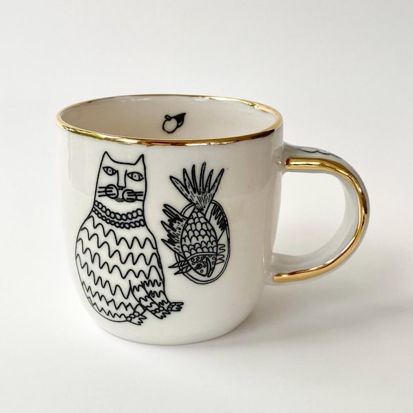 Handmade Cat Pottery Mug: White Ceramic with Gold Rim