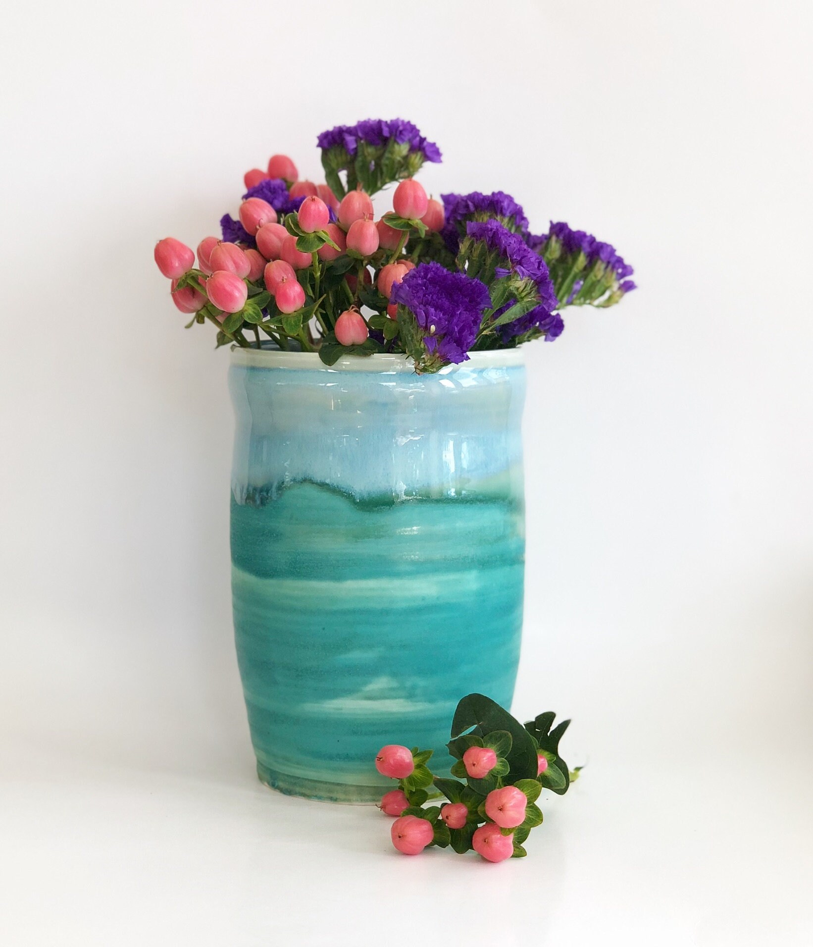 Porcelain Vase, Blue Green Pottery Vase, Ocean Vase, Beach House Vase