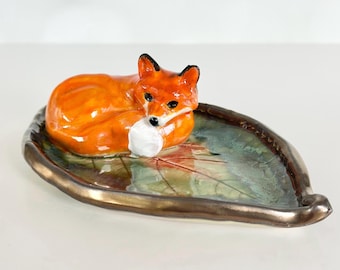 Handmade Ceramic Fox Ring Dish Miniature Fox Ring Holder Gift Cottagecore Decor