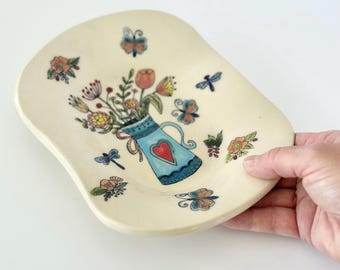 Handmade Flower Plate Ceramic Floral Dish Housewarming Gift