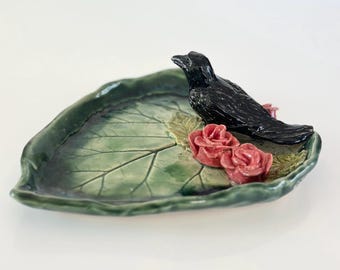 Handmade Ceramic Crow Trinket Dish:  Goth Jewelry Holder Gift