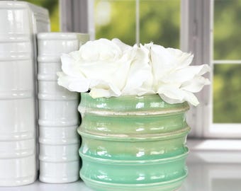 Green White Flower Vase Handmade Green Vase Home Housewarming Gift Anniversary Gift Kitchen Decor Country Kitchen Vase Mom Birthday Gift