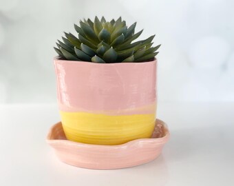 Pink Flower Pot Planter Saucer Drainage Indoor Planter Handmade Ceramic Pot Yellow Flower Pot Houseplant Planter Pink Pot Succulent Planter
