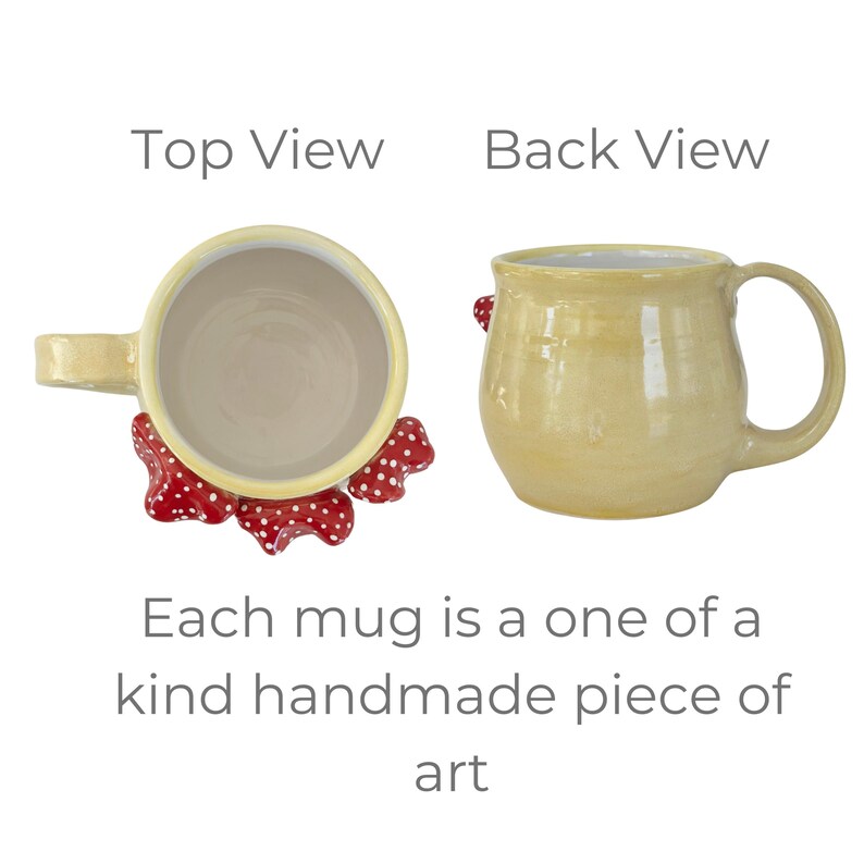 May include: A yellow ceramic mug with a red and white mushroom design. The mug is handmade and has a unique shape. The mug is shown from the top and the back.