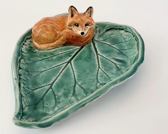 Handmade Fox Ring Dish: Ceramic Fox Figurine on Leaf