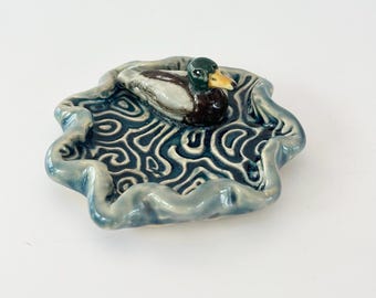 Handmade Ceramic Duck Ring Dish: Mallard Trinket Holder