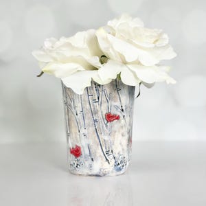 Handmade Cardinal Pottery Vase: Birch Tree Flower Bud Vase