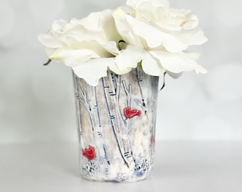 Pottery Vase Small Cardinal In Birches Vase Flower Bud Vase Mom Birthday Gift Vase Housewarming Vase Small Handmade Ceramic Vase Gift Mom