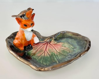 Handmade Ceramic Fox Ring Dish Miniature Fox With Bird Ring Holder Gift Cottagecore Decor