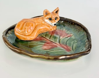 Handmade Ceramic Fox Ring Dish: Miniature Animal Figurine