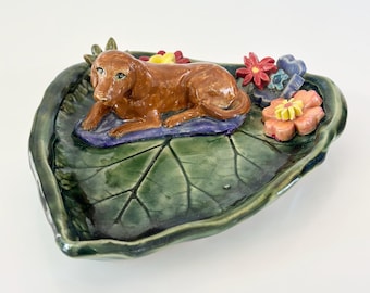 Handmade Labrador Ring Dish: Ceramic Leaf Trinket Plate