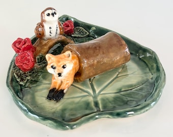 Handmade Ceramic Fox Trinket Dish:  Owl Lover Gift Woodland Decor