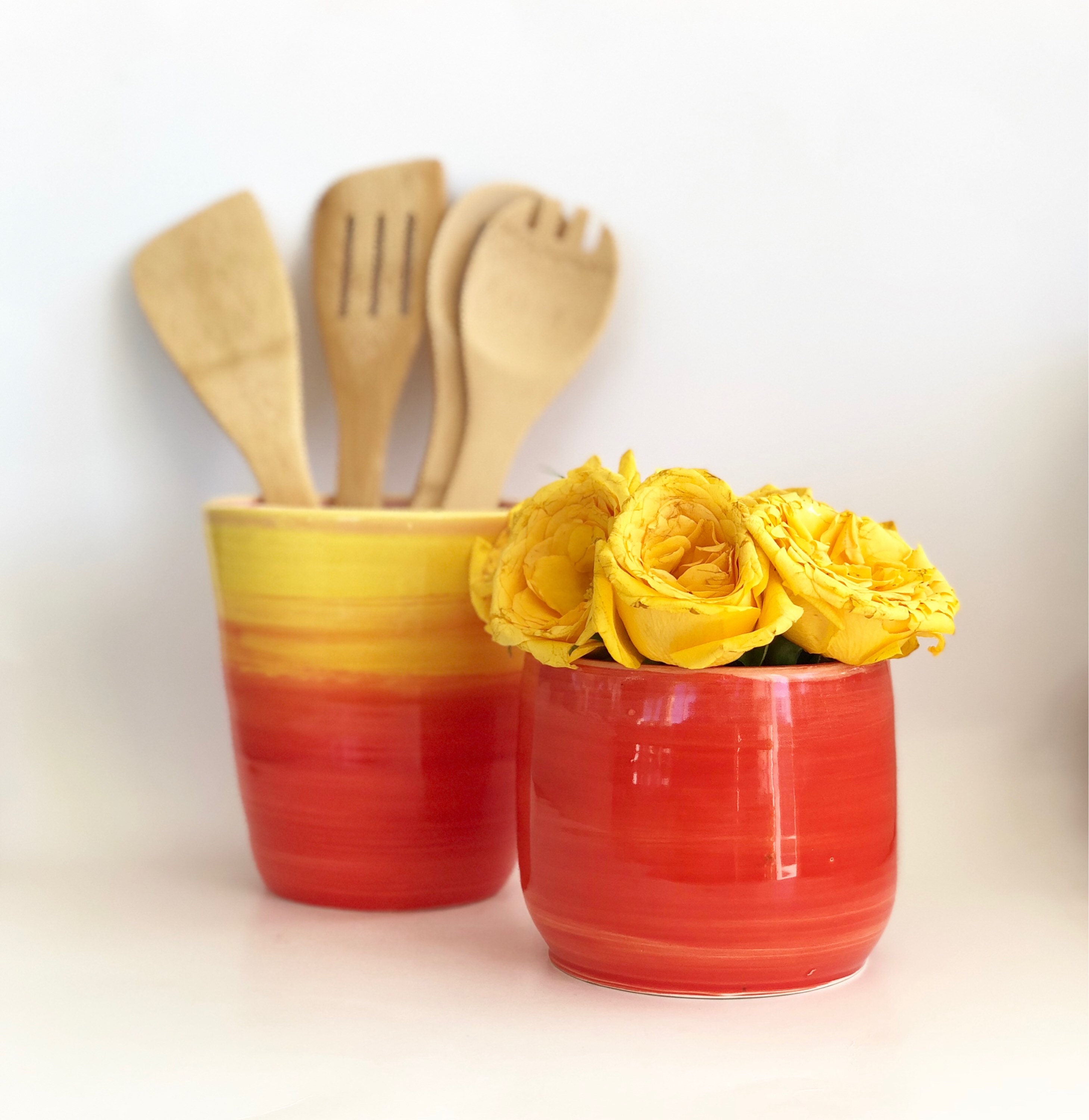 Utensil Holder Handmade in Yellow and Orange