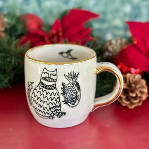 Wheel Thrown Cat Mug  Cat Pottery Mug  Cat Coffee Mug  Handmade Coffee Mug  Pottery Mug Gold  Cat Lover Gift  Cat Mug  Coffee Lover Gift