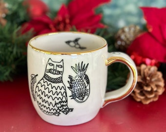 Wheel Thrown Cat Mug  Cat Pottery Mug  Cat Coffee Mug  Handmade Coffee Mug  Pottery Mug Gold  Cat Lover Gift  Cat Mug  Coffee Lover Gift