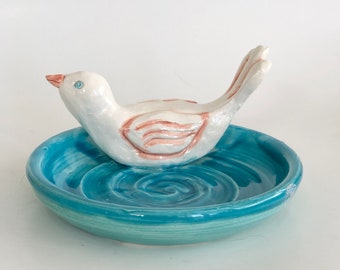 Soap Dish with a Pink and White Bird Handmade