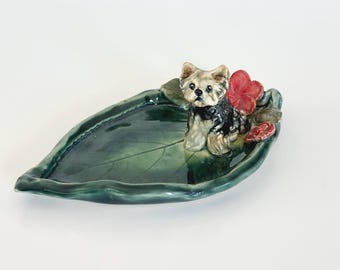 Handmade Yorkie Ring Dish: Ceramic Dog Art Trinket Holder