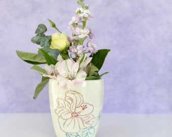 White Porcelain Vase Hibiscus Flower Mom Vase Gift Pottery Flower Vase  Mother’s Day Gift Handmade Vase Housewarming Gift Anniversary Vase