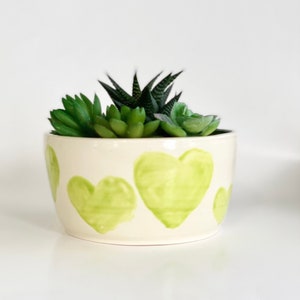 May include: A white ceramic planter with a green heart design. The planter is filled with a variety of green succulents.