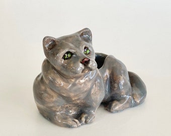 Handmade Gray Ceramic Cat Planter: Air Plant Sculpture