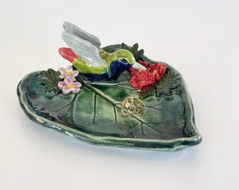 Handmade Ceramic Hummingbird Ring Dish: Stoneware Trinket Holder Hummingbird Gift