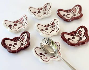 Skull Spoon Rest Butterfly Gothic Coffee Bar Station Teaspoon Holder Ceramic Skull Kitchen Decor Goth Coffee Lover Victorian Teaspoon Gift