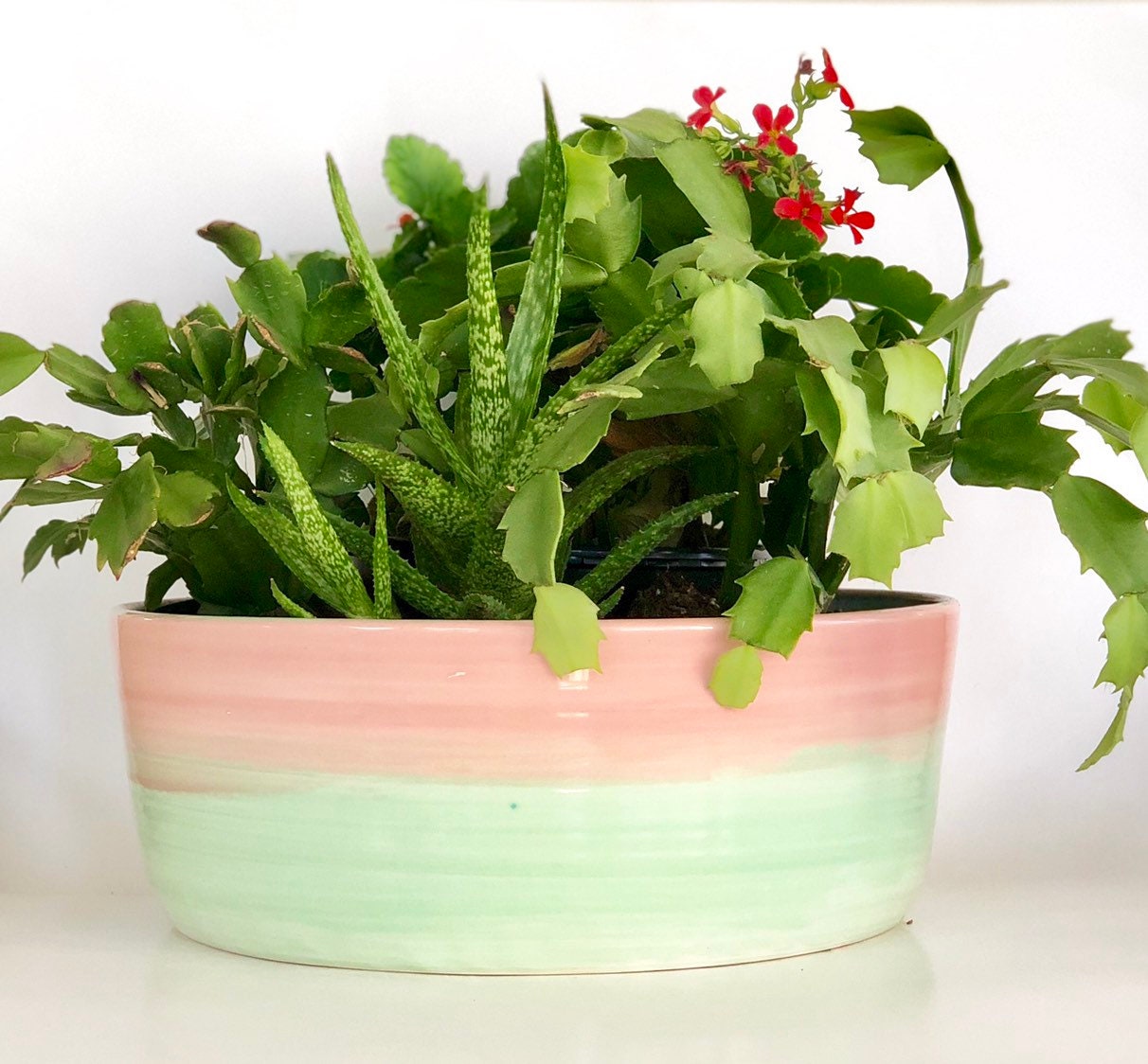 Large Planter with Drainage Holes in Light Pink and Green