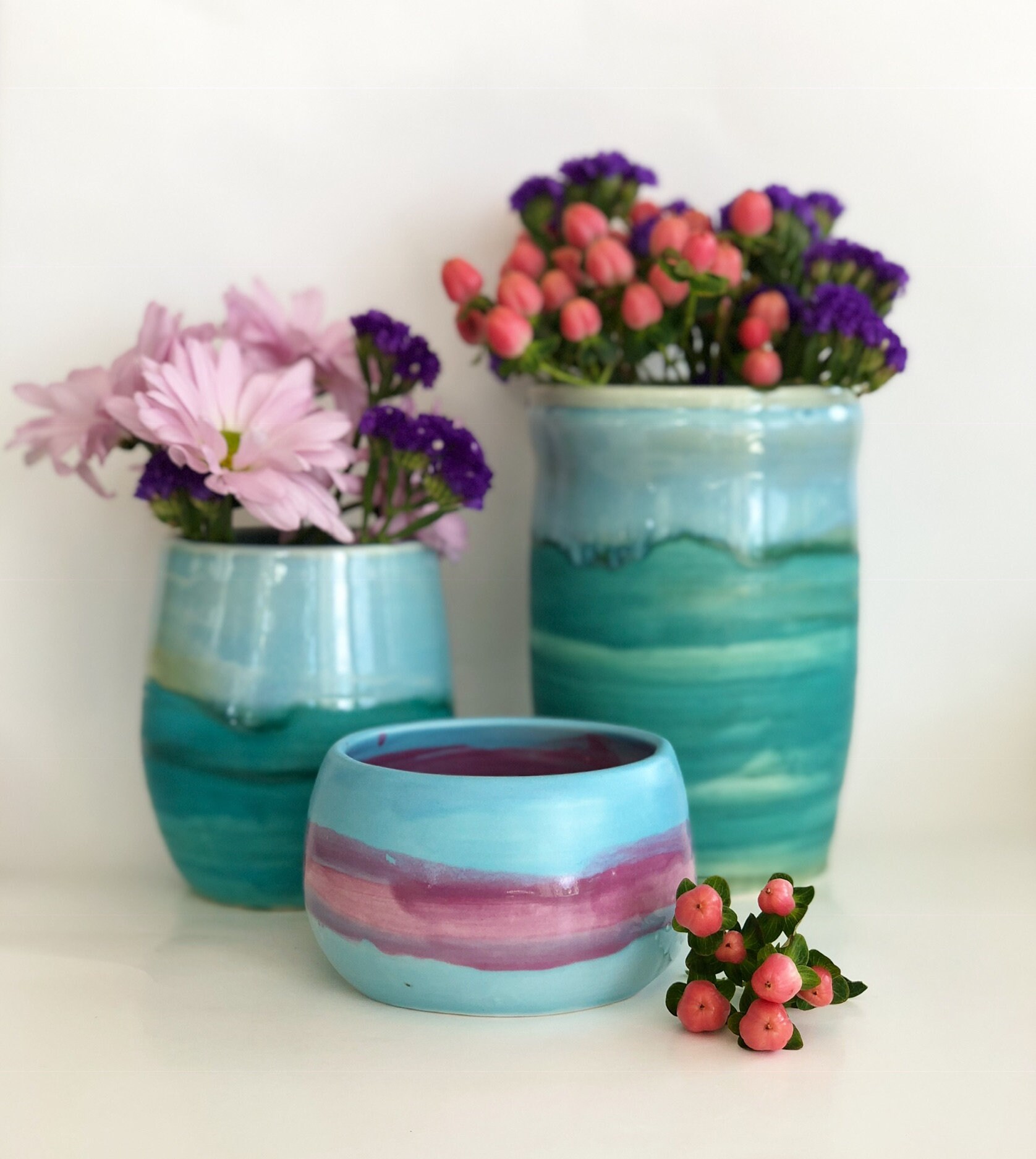 Porcelain Vase, Blue Green Pottery Vase, Ocean Vase, Beach House Vase