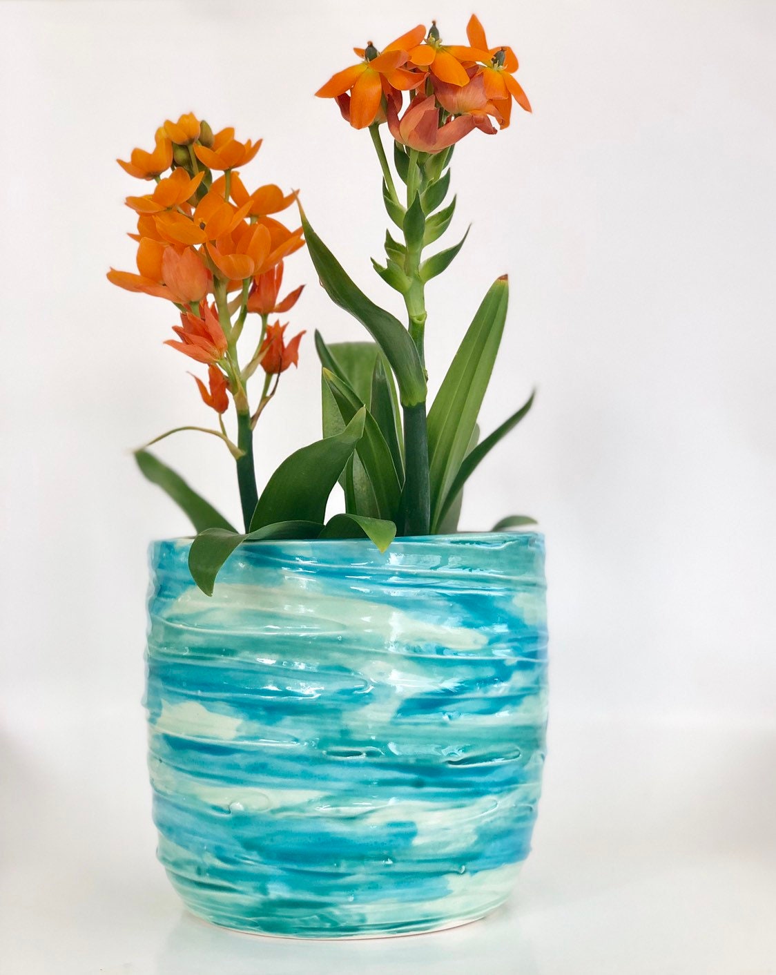 Turquoise Planter, Earthenware Pot, Pretty Aqua Pot, Teal Planter Pot
