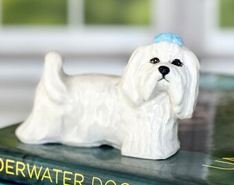 Handmade Ceramic Maltese Figurine: Dog Paperweight, Maltese Lover Gift