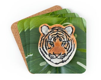 Tiger Coasters, Set Of 4 Coasters, Jungle Coaster, Jungle Decor, Tropical Decor, Tiger Decor, Corkwood Coaster