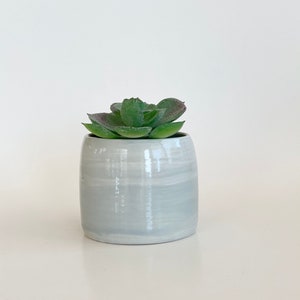 May include: A small, light gray ceramic planter with a light gray glaze and a green succulent plant inside.