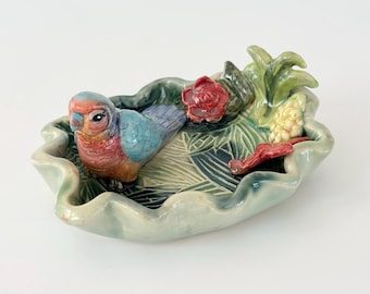 Handmade Parrot Ring Dish: Leaf Trinket Holder, Bird Lover Gift Nature Lover