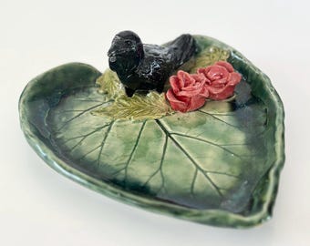 Handmade Ceramic Crow Trinket Dish:  Goth Jewelry Holder Gift