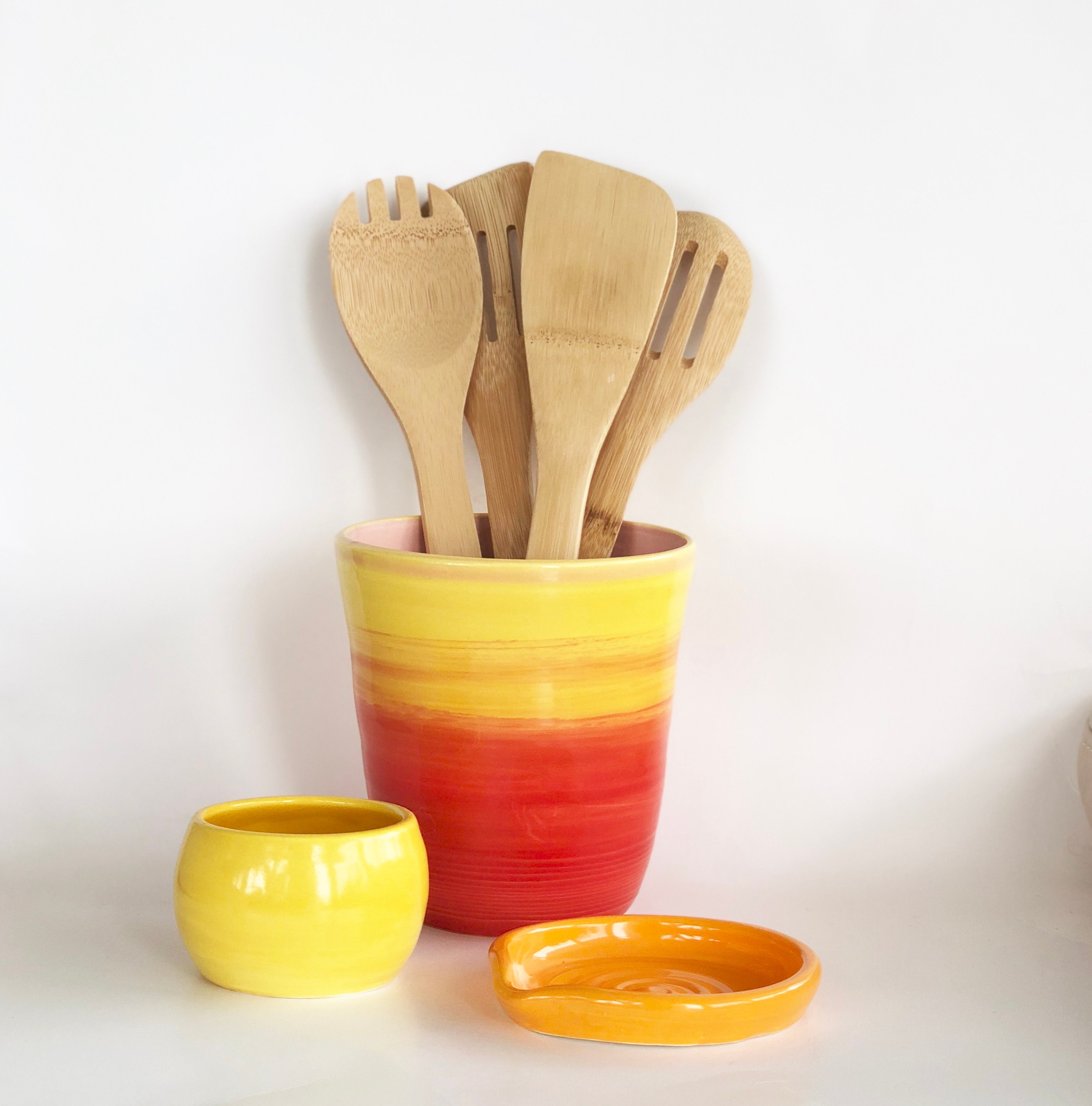 Utensil Holder Handmade in Yellow and Orange