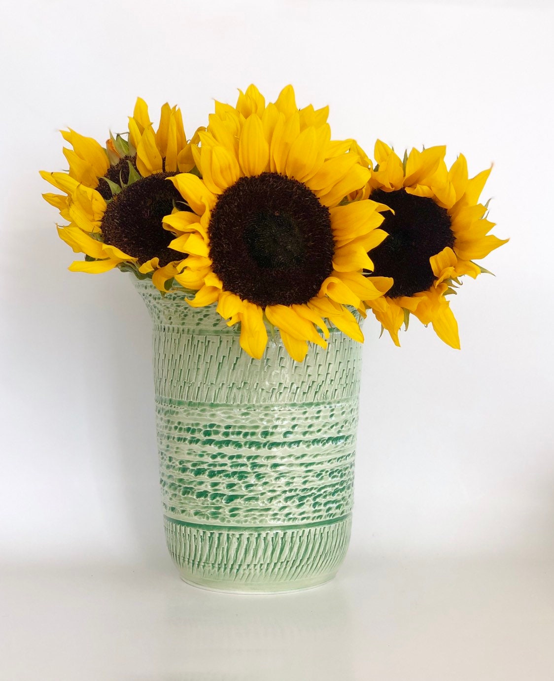 Ceramic Flower Vase, Hand Thrown Vessel, Green Cylinder Flower Jug